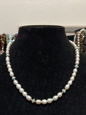 White Freshwater Pearl and Larimar 10.00 ctw Necklace in 18K Vermeil Yellow Gold